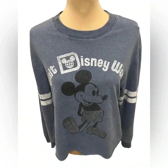 Blue Walt Disney World Disney Parks Mickey Mouse Long Sleeve Cropped Tee EUC - Picture 1 of 10